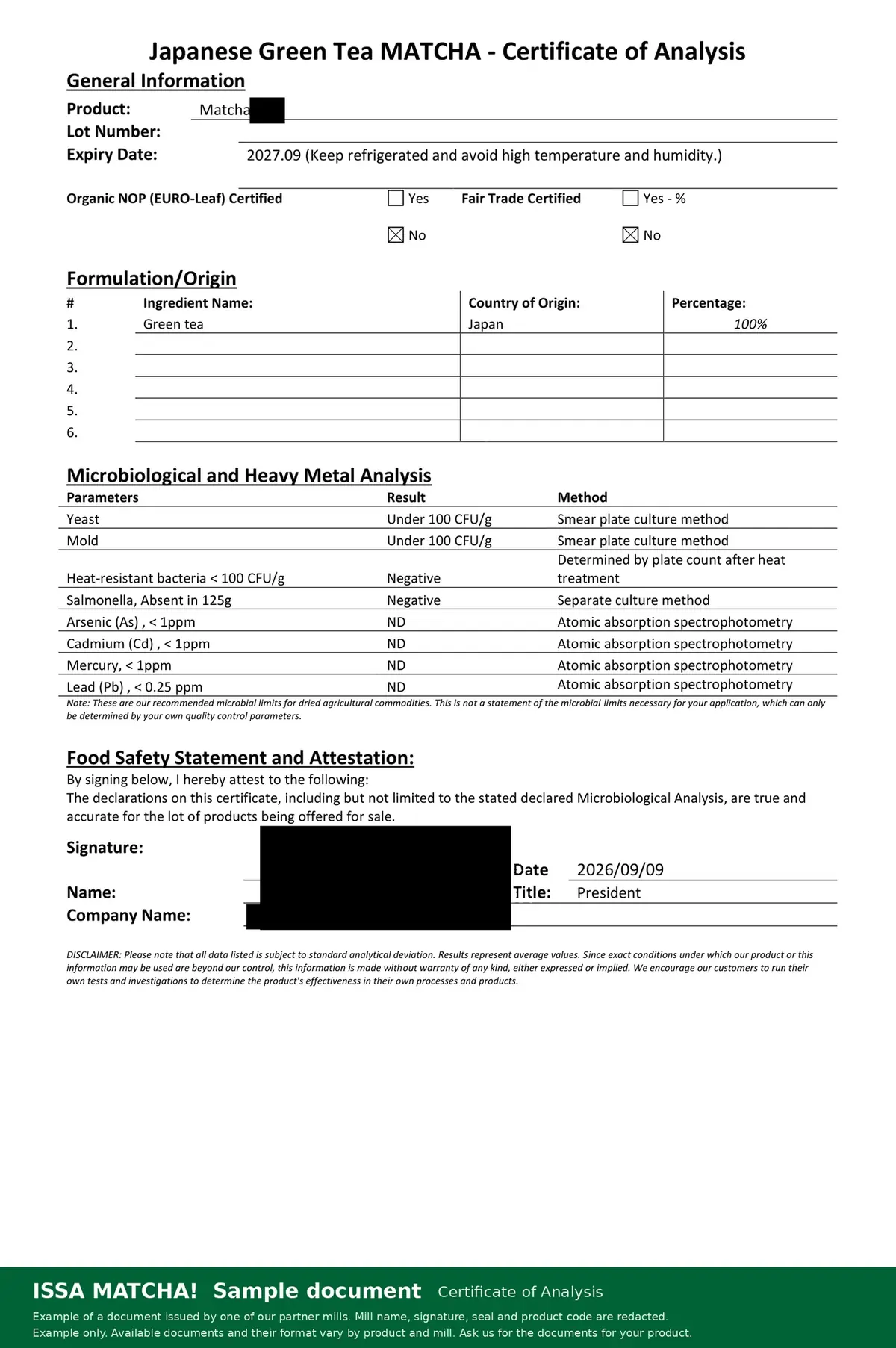 Sample certificate of analysis issued by a partner mill, example only, details redacted