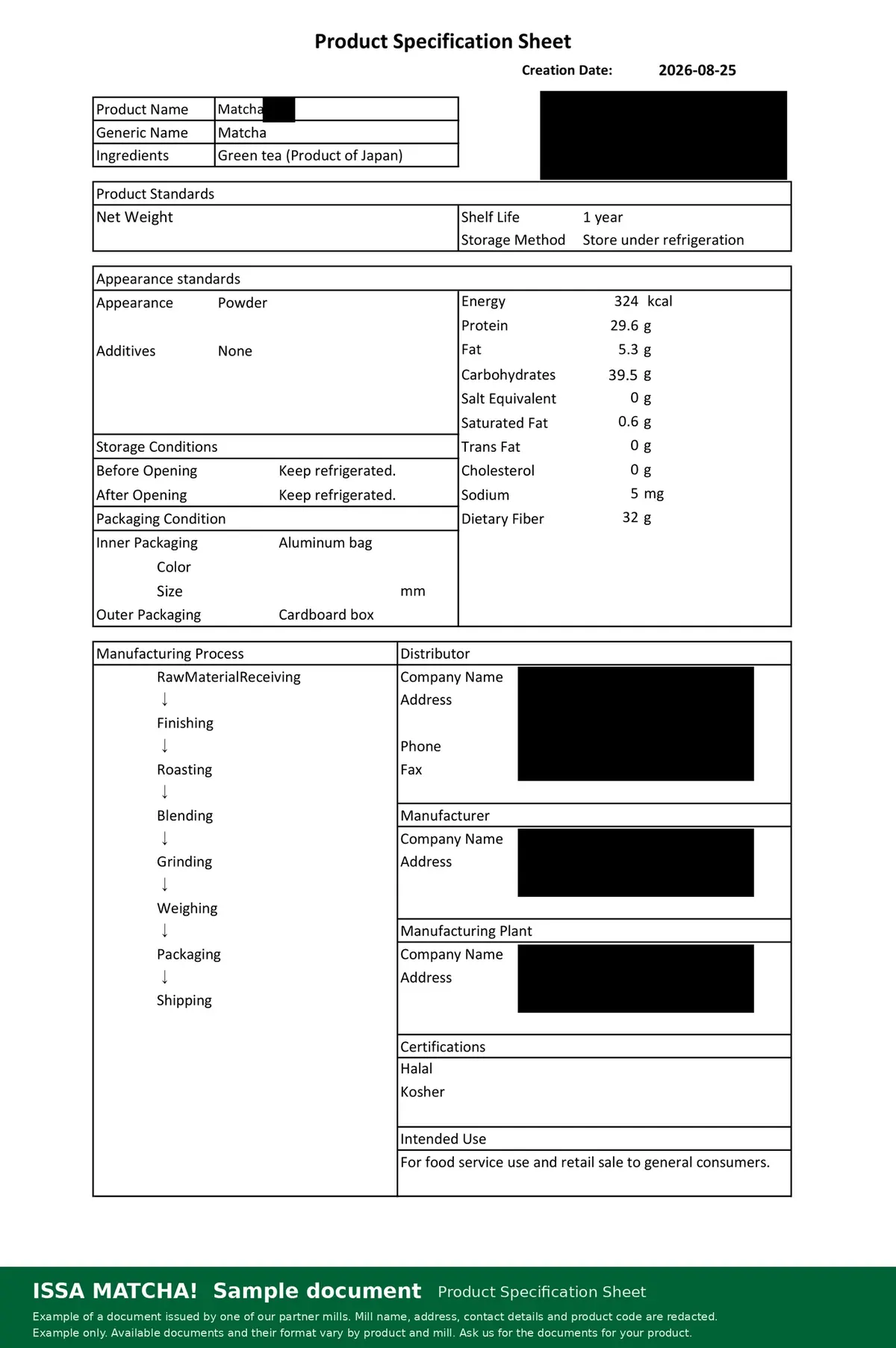 Sample product specification sheet issued by a partner mill, example only, details redacted